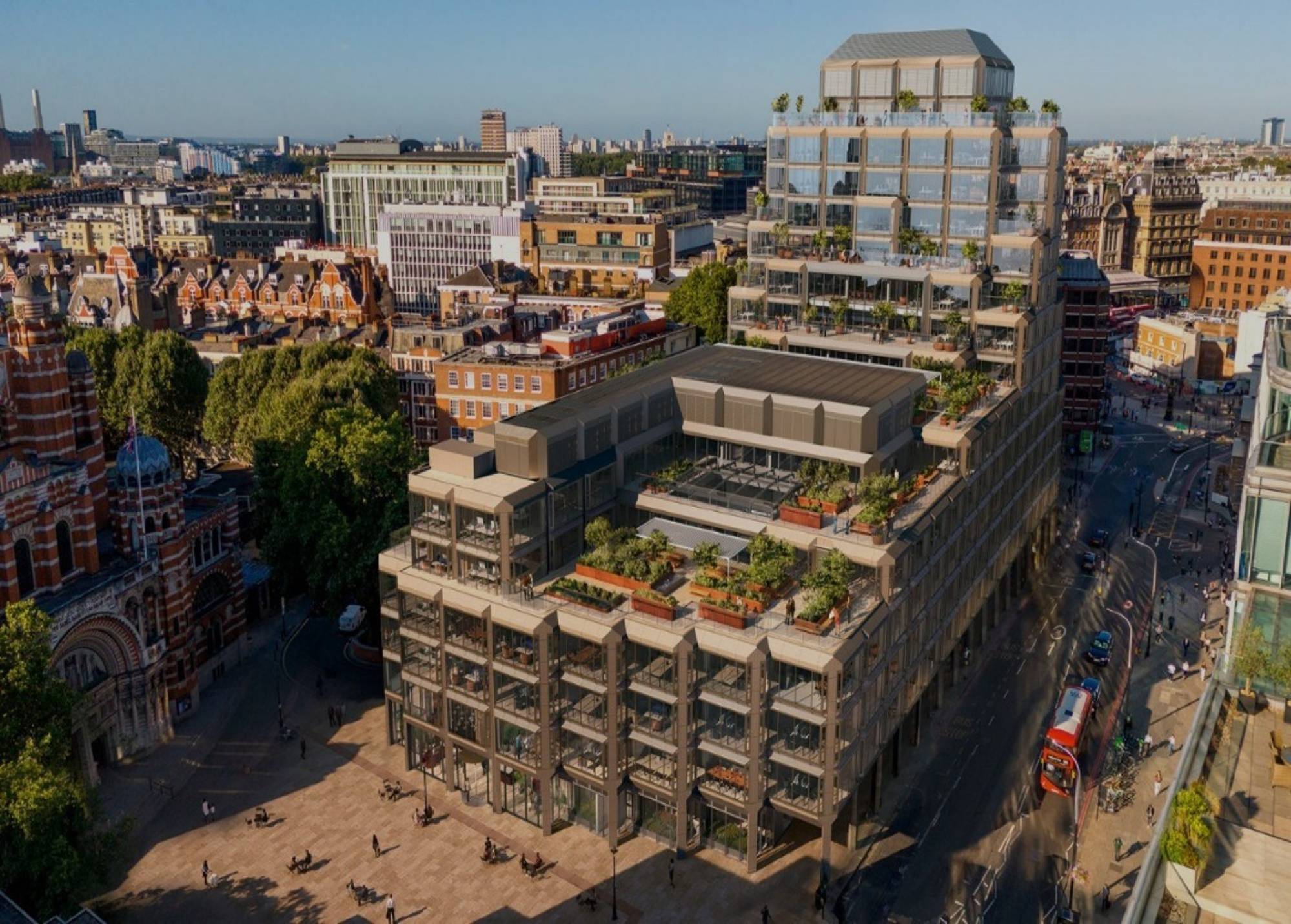CGI of a large office building featuring tiered floors and green planting on the roof space